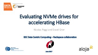 Evaluating NVMe drives for
accelerating HBase
Nicolas Poggi and David Grier
June 2017
BSC Data Centric Computing – Rackspace collaboration
 
