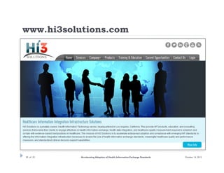 www.hi3solutions.com

30 of 32

Accelerating Adoption of Health Information Exchange Standards

October 14, 2013

 