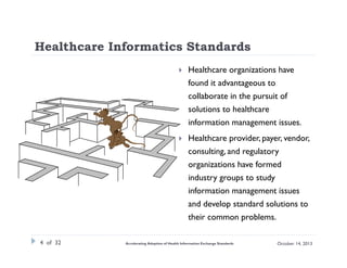 Healthcare Informatics Standards


Healthcare organizations have
found it advantageous to
collaborate in the pursuit of
solutions to healthcare
information management issues.



Healthcare provider, payer, vendor,
consulting, and regulatory
organizations have formed
industry groups to study
information management issues
and develop standard solutions to
their common problems.

4 of 32

Accelerating Adoption of Health Information Exchange Standards

October 14, 2013

 