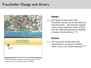Design: !
The model of innovation of the
Fraunhofer Society can be described as a
network model,…The network, together
with a strong reputation, makes it fairly
easy for small and big firms to establish
a contact with the Society.
!
Drivers: !
The Fraunhofer model allows the
organization to set up new institutes
where it sees a new market demand.	

Åström, Eriksson, Niklasson and Arnold, International
Comparison of Five Institute Systems (2008)	

Fraunhofer: Design and drivers
“
“
“
”
”
 