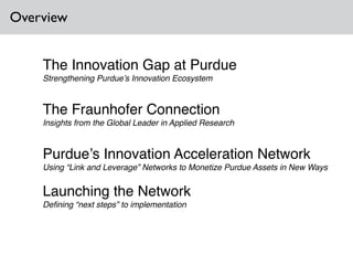 The Innovation Gap at Purdue!
Strengthening Purdue’s Innovation Ecosystem!
!
The Fraunhofer Connection !
Insights from the Global Leader in Applied Research!
!
Purdue’s Innovation Acceleration Network!
Using “Link and Leverage” Networks to Monetize Purdue Assets in New Ways!
!
Launching the Network !
Deﬁning “next steps” to implementation
Overview
 