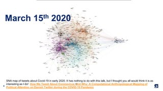 6
March 15th 2020
SNA map of tweets about Covid-19 in early 2020. It has nothing to do with this talk, but I thought you all would think it is as
interesting as I do! How We Tweet About Coronavirus, and Why: A Computational Anthropological Mapping of
Political Attention on Danish Twitter during the COVID-19 Pandemic
 