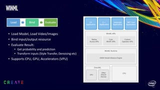 winml
• Load Model, Load Video/Images
• Bind input/output resource
• Evaluate Result:
• Get probability and prediction
• Transform inputs (Style Transfer, Denoising etc)
• Supports CPU, GPU, Accelerators (VPU)
10
 
