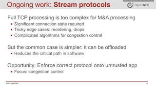 24©2017 Open-NFP
Ongoing work: Stream protocols
Full TCP processing is too complex for M&A processing
▪ Significant connection state required
▪ Tricky edge cases: reordering, drops
▪ Complicated algorithms for congestion control
But the common case is simpler: it can be offloaded
▪ Reduces the critical path in software
Opportunity: Enforce correct protocol onto untrusted app
▪ Focus: congestion control
 