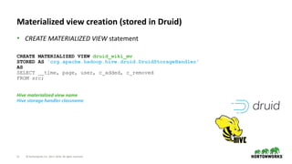 11 © Hortonworks Inc. 2011–2018. All rights reserved
Materialized view creation (stored in Druid)
• CREATE MATERIALIZED VIEW statement
CREATE MATERIALIZED VIEW druid_wiki_mv
STORED AS 'org.apache.hadoop.hive.druid.DruidStorageHandler'
AS
SELECT __time, page, user, c_added, c_removed
FROM src;
Hive materialized view name
Hive storage handler classname
 