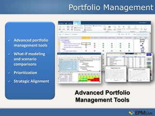Portfolio Management



   Advanced portfolio
    management tools
   What-if modeling
    and scenario
    comparisons
   Prioritization
   Strategic Alignment

                           Advanced Portfolio
                           Management Tools
 