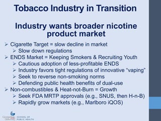Tobacco Industry in Transition
Industry wants broader nicotine
product market
 Cigarette Target = slow decline in market
 Slow down regulations
 ENDS Market = Keeping Smokers & Recruiting Youth
 Cautious adoption of less-profitable ENDS
 Industry favors tight regulations of innovative “vaping”
 Seek to reverse non-smoking norms
 Defending public health benefits of dual-use
 Non-combustibles & Heat-not-Burn = Growth
 Seek FDA MRTP approvals (e.g., SNUS, then H-n-B)
 Rapidly grow markets (e.g., Marlboro iQOS)
 