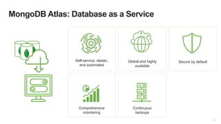 21
MongoDB Atlas: Database as a Service
Self-service, elastic,
and automated
Secure by default
Comprehensive
monitoring
Global and highly
available
Continuous
backups
 