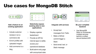 Use cases for MongoDB Stitch
Add a feature to an
existing application
• Include customer
reviews in an e-
commerce site
• Enrich profiles with
uploaded images
• Add comments to a
blog
Selectively expose
existing data to new
applications
• Display a games
leaderboard
• Provide an API for
internal apps to safely
access your
operational database
• Build admin-only page
with anonymized stats
Integrate with services
• Accept text
messages from Twilio
• Make a GitHub
commit trigger a
Slack
• Send email, text, or
Slack message
Be your complete
backend
• Use MongoDB
Stitch to orchestrate
multiple services
behind a unified,
secure backend API
 