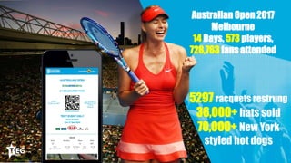 30
Australian Open 2017
Melbourne
14 Days, 573 players,
728,763 fans attended
5297 racquets restrung
36,000+ hats sold
70,000+ New York
styled hot dogs
 