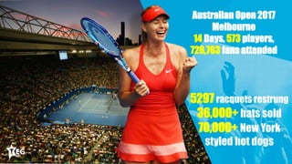 38
Australian Open 2017
Melbourne
14 Days, 573 players,
728,763 fans attended
5297 racquets restrung
36,000+ hats sold
70,000+ New York
styled hot dogs
 