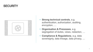 48
SECURITY
• Strong technical controls, e.g.
authentication, authorization, auditing,
encryption, …
• Organisation & Processes, e.g.
segregation of duties, views, redaction, …
• Compliance & Regulations, e.g. data
sovereignty, data lineage, data privacy, …
 