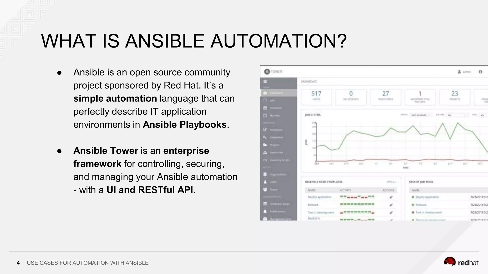 USE CASES FOR AUTOMATION WITH ANSIBLE4
WHAT IS ANSIBLE AUTOMATION?
● Ansible is an open source community
project sponsored by Red Hat. It’s a
simple automation language that can
perfectly describe IT application
environments in Ansible Playbooks.
● Ansible Tower is an enterprise
framework for controlling, securing,
and managing your Ansible automation
- with a UI and RESTful API.
 