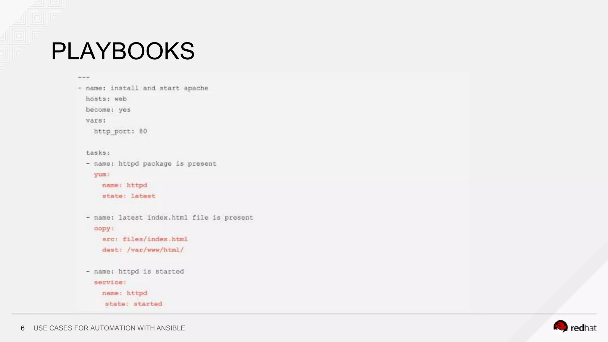 USE CASES FOR AUTOMATION WITH ANSIBLE6
PLAYBOOKS
 