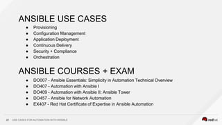 USE CASES FOR AUTOMATION WITH ANSIBLE21
ANSIBLE USE CASES
● Provisioning
● Configuration Management
● Application Deployment
● Continuous Delivery
● Security + Compliance
● Orchestration
ANSIBLE COURSES + EXAM
● DO007 - Ansible Essentials: Simplicity in Automation Technical Overview
● DO407 - Automation with Ansible I
● DO409 - Automation with Ansible II: Ansible Tower
● DO457 - Ansible for Network Automation
● EX407 - Red Hat Certificate of Expertise in Ansible Automation
 