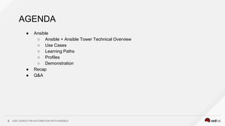 USE CASES FOR AUTOMATION WITH ANSIBLE2
AGENDA
● Ansible
○ Ansible + Ansible Tower Technical Overview
○ Use Cases
○ Learnin...