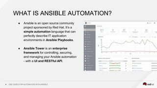 USE CASES FOR AUTOMATION WITH ANSIBLE4
WHAT IS ANSIBLE AUTOMATION?
● Ansible is an open source community
project sponsored...