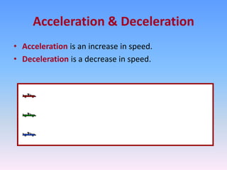 Acceleration & Deceleration
• Acceleration is an increase in speed.
• Deceleration is a decrease in speed.
 