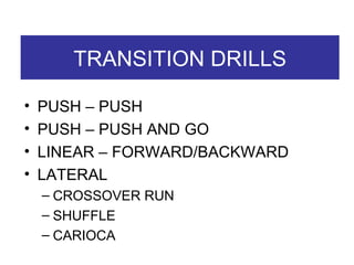 TRANSITION DRILLS PUSH – PUSH PUSH – PUSH AND GO LINEAR – FORWARD/BACKWARD LATERAL CROSSOVER RUN SHUFFLE  CARIOCA 
