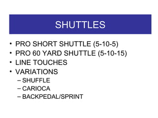 SHUTTLES PRO SHORT SHUTTLE (5-10-5) PRO 60 YARD SHUTTLE (5-10-15) LINE TOUCHES VARIATIONS SHUFFLE CARIOCA BACKPEDAL/SPRINT 