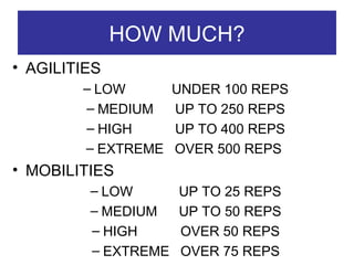 HOW MUCH? AGILITIES  LOW  UNDER 100 REPS MEDIUM UP TO 250 REPS HIGH UP TO 400 REPS EXTREME  OVER 500 REPS  MOBILITIES  LOW  UP TO 25 REPS MEDIUM  UP TO 50 REPS HIGH  OVER 50 REPS EXTREME  OVER 75 REPS 