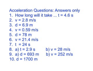 Acceleration Questions: Answers only
1. How long will it take ... t = 4.6 s
2. v = 2.8 m/s
3. d = 6.9 m
4. v = 0.59 m/s
5. d = 78 m
6. v = 21.4 m/s
7. t = 24 s
8. a) t = 2.9 s      b) v = 28 m/s
9. a) d = 693 m      b) v = 252 m/s
10. d = 1700 m
 
