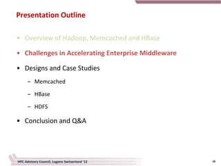 Presentation Outline

• Overview of Hadoop, Memcached and HBase

• Challenges in Accelerating Enterprise Middleware

• Designs and Case Studies
      – Memcached

      – HBase

      – HDFS

• Conclusion and Q&A




HPC Advisory Council, Lugano Switzerland '12         16
 