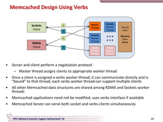 Memcached Design Using Verbs

                                                    Master    Sockets
                    Sockets                    1
                                                              Worker    Shared
                                                    Thread
                     Client                                   Thread     Data
                                               2
                                                    Sockets             Memory
                                               1    Worker               Slabs
                                                    Thread               Items
                     RDMA
                                                                           …
                     Client                    2    Verbs     Verbs
                                                    Worker    Worker
                                                    Thread    Thread



•   Server and client perform a negotiation protocol
     – Master thread assigns clients to appropriate worker thread
•   Once a client is assigned a verbs worker thread, it can communicate directly and is
    “bound” to that thread, each verbs worker thread can support multiple clients
•   All other Memcached data structures are shared among RDMA and Sockets worker
    threads
•   Memcached applications need not be modified; uses verbs interface if available
•   Memcached Server can serve both socket and verbs clients simultaneously


     HPC Advisory Council, Lugano Switzerland '12                                         22
 