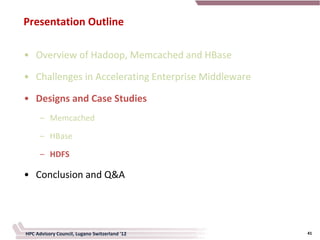 Presentation Outline

• Overview of Hadoop, Memcached and HBase

• Challenges in Accelerating Enterprise Middleware

• Designs and Case Studies
      – Memcached

      – HBase

      – HDFS

• Conclusion and Q&A




HPC Advisory Council, Lugano Switzerland '12         41
 