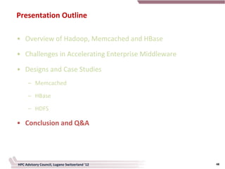 Presentation Outline

• Overview of Hadoop, Memcached and HBase

• Challenges in Accelerating Enterprise Middleware

• Designs and Case Studies
      – Memcached

      – HBase

      – HDFS

• Conclusion and Q&A




HPC Advisory Council, Lugano Switzerland '12         48
 