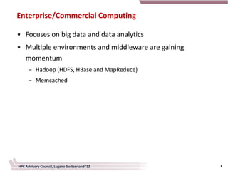 Enterprise/Commercial Computing

• Focuses on big data and data analytics
• Multiple environments and middleware are gaining
  momentum
      – Hadoop (HDFS, HBase and MapReduce)
      – Memcached




HPC Advisory Council, Lugano Switzerland '12         8
 