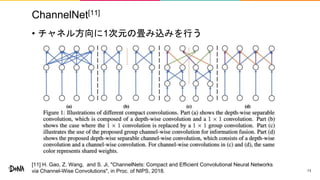 ChannelNet[11]
• チャネル方向に1次元の畳み込みを行う
13
[11] H. Gao, Z. Wang, and S. Ji, "ChannelNets: Compact and Efficient Convolutional Neural Networks
via Channel-Wise Convolutions", in Proc. of NIPS, 2018.
 