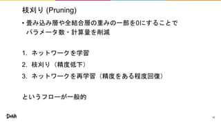 枝刈り (Pruning)
• 畳み込み層や全結合層の重みの一部を0にすることで
パラメータ数・計算量を削減
1. ネットワークを学習
2. 枝刈り（精度低下）
3. ネットワークを再学習（精度をある程度回復）
というフローが一般的
15
 