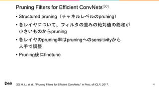Pruning Filters for Efficient ConvNets[30]
• Structured pruning（チャネルレベルのpruning）
• 各レイヤについて、フィルタの重みの絶対値の総和が
小さいものからpruning
• 各レイヤのpruning率はpruningへのsensitivityから
人手で調整
• Pruning後にfinetune
18[30] H. Li, et al., "Pruning Filters for Efficient ConvNets," in Proc. of ICLR, 2017.
 