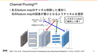 L0ではなくLasso
に緩和して解く
Channel Pruning[34]
• あるfeature mapのチャネル削除した場合に
次のfeature mapの誤差が最小となるようチャネルを選択
20[34] Y. He, et al., "Channel Pruning for Accelerating Very Deep Neural Networks," in Proc. of ICCV, 2017.
 