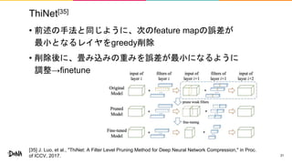 ThiNet[35]
• 前述の手法と同じように、次のfeature mapの誤差が
最小となるレイヤをgreedy削除
• 削除後に、畳み込みの重みを誤差が最小になるように
調整→finetune
21
[35] J. Luo, et al., "ThiNet: A Filter Level Pruning Method for Deep Neural Network Compression," in Proc.
of ICCV, 2017.
 