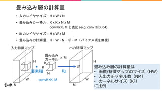 畳み込み層の計算量
• 入力レイヤサイズ：H x W x N
• 畳み込みカーネル：K x K x N x M
convKxK, M と表記 (e.g. conv 3x3, 64)
• 出力レイヤサイズ：H x W x M
• 畳み込みの計算量：H・W・N・K2・M（バイアス項を無視）
6
W
H
N M
K
K
W
H
入力特徴マップ
畳み込み
カーネル
N
出力特徴マップ
＊
和要素積
× M
convK×K, M
畳み込み層の計算量は
• 画像/特徴マップのサイズ（HW）
• 入出力チャネル数（NM）
• カーネルサイズ（K2）
に比例
 