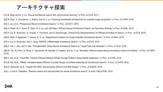 アーキテクチャ探索
[51] B. Zoph and Q. V. Le, "Neural architecture search with reinforcement learning," in Proc. of ICLR, 2017.
[52] B. Zoph, V. Vasudevan, J. Shlens, and Q. V. Le, "Learning transferable architectures for scalable image recognition," in Proc. of CVPR, 2018.
[53] C. Liu, et al., "Progressive Neural Architecture Search," in Proc. of ECCV, 2018.
[54] H. Pham, M. Y. Guan, B. Zoph, Q. V. Le, and Jeff Dean, "Efficient Neural Architecture Search via Parameter Sharing," in Proc. of ICML, 2018.
[55] H. Liu, K. Simonyan, O. Vinyals, C. Fernando, and K. Kavukcuoglu, "Hierarchical Representations for Efficient Architecture Search," in Proc. of ICLR, 2018.
[56] E. Real, A. Aggarwal, Y. Huang, Q. V. Le, "Regularized Evolution for Image Classifier Architecture Search," in Proc. of AAAI, 2019.
[57] H. Liu, K. Simonyan, and Y. Yang, "DARTS: Differentiable Architecture Search," in Proc. of ICLR, 2019.
[58] H. Cai, L. Zhu, and S. Han, "ProxylessNAS: Direct Neural Architecture Search on Target Task and Hardware," in Proc. of ICLR, 2019.
[59] M. Tan, B. Chen, R. Pang, V. Vasudevan, M. Sandler, A. Howard, and Q. V. Le, "MnasNet: Platform-Aware Neural Architecture Search for Mobile," in Proc. of CVPR,
2019.
[60] X. Dai, et al., "ChamNet: Towards Efficient Network Design through Platform-Aware Model Adaptation," in Proc. of CVPR, 2019.
[61] B. Wu, et al., "FBNet: Hardware-Aware Efficient ConvNet Design via Differentiable Neural Architecture Search", in Proc. of CVPR, 2019.
[62] D. Stamoulis, et al., "Single-Path NAS: Device-Aware Efficient ConvNet Design," in Proc. of ICMLW, 2019.
[63] L. Li and A. Talwalkar, "Random search and reproducibility for neural architecture search," in arXiv:1902.07638, 2019.
60
 
