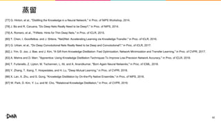 蒸留
[77] G. Hinton, et al., "Distilling the Knowledge in a Neural Network," in Proc. of NIPS Workshop, 2014.
[78] J. Ba and R. Caruana, "Do Deep Nets Really Need to be Deep?," in Proc. of NIPS, 2014.
[79] A. Romero, et al., "FitNets: Hints for Thin Deep Nets," in Proc. of ICLR, 2015.
[80] T. Chen, I. Goodfellow, and J. Shlens, "Net2Net: Accelerating Learning via Knowledge Transfer," in Proc. of ICLR, 2016.
[81] G. Urban, et al., "Do Deep Convolutional Nets Really Need to be Deep and Convolutional?," in Proc. of ICLR, 2017.
[82] J. Yim, D. Joo, J. Bae, and J. Kim, "A Gift from Knowledge Distillation: Fast Optimization, Network Minimization and Transfer Learning," in Proc. of CVPR, 2017.
[83] A. Mishra and D. Marr, "Apprentice: Using Knowledge Distillation Techniques To Improve Low-Precision Network Accuracy," in Proc. of ICLR, 2018.
[84] T. Furlanello, Z. Lipton, M. Tschannen, L. Itti, and A. Anandkumar, "Born Again Neural Networks," in Proc. of ICML, 2018.
[85] Y. Zhang, T. Xiang, T. Hospedales, and H. Lu, "Deep Mutual Learning," in Proc. of CVPR, 2018.
[86] X. Lan, X. Zhu, and S. Gong, "Knowledge Distillation by On-the-Fly Native Ensemble," in Proc. of NIPS, 2018.
[87] W. Park, D. Kim, Y. Lu, and M. Cho, "Relational Knowledge Distillation," in Proc. of CVPR, 2019.
62
 