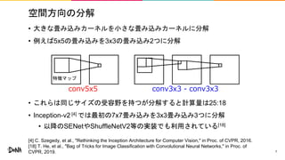空間方向の分解
• 大きな畳み込みカーネルを小さな畳み込みカーネルに分解
• 例えば5x5の畳み込みを3x3の畳み込み2つに分解
• これらは同じサイズの受容野を持つが分解すると計算量は25:18
• Inception-v2 [4] では最初の7x7畳み込みを3x3畳み込み3つに分解
• 以降のSENetやShuffleNetV2等の実装でも利用されている[18]
7
特徴マップ
conv5x5 conv3x3 - conv3x3
[4] C. Szegedy, et al., "Rethinking the Inception Architecture for Computer Vision," in Proc. of CVPR, 2016.
[18] T. He, et al., "Bag of Tricks for Image Classification with Convolutional Neural Networks," in Proc. of
CVPR, 2019.
 