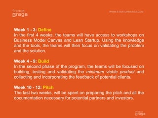 Week 1 - 3: Define
In the first 4 weeks, the teams will have access to workshops on
Business Model Canvas and Lean Startup. Using the knowledge
and the tools, the teams will then focus on validating the problem
and the solution.
Week 4 - 9: Build
In the second phase of the program, the teams will be focused on
building, testing and validating the minimum viable product and
collecting and incorporating the feedback of potential clients.
Week 10 - 12: Pitch
The last two weeks, will be spent on preparing the pitch and all the
documentation necessary for potential partners and investors.
WWW.STARTUPBRAGA.COM
 