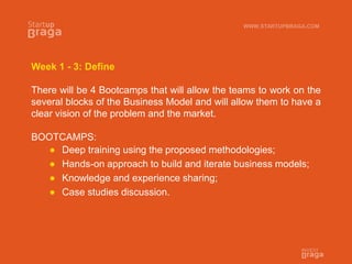 Week 1 - 3: Define
There will be 4 Bootcamps that will allow the teams to work on the
several blocks of the Business Model and will allow them to have a
clear vision of the problem and the market.
BOOTCAMPS:
 Deep training using the proposed methodologies;
 Hands-on approach to build and iterate business models;
 Knowledge and experience sharing;
 Case studies discussion.
WWW.STARTUPBRAGA.COM
 