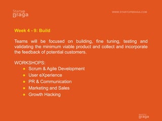 Week 4 - 9: Build
Teams will be focused on building, fine tuning, testing and
validating the minimum viable product and collect and incorporate
the feedback of potential customers.
WORKSHOPS:
 Scrum & Agile Development
 User eXperience
 PR & Communication
 Marketing and Sales
 Growth Hacking
WWW.STARTUPBRAGA.COM
 
