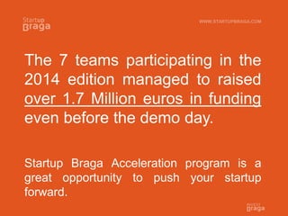 The 7 teams participating in the
2014 edition managed to raised
over 1.7 Million euros in funding
even before the demo day.
Startup Braga Acceleration program is a
great opportunity to push your startup
forward.
WWW.STARTUPBRAGA.COM
 