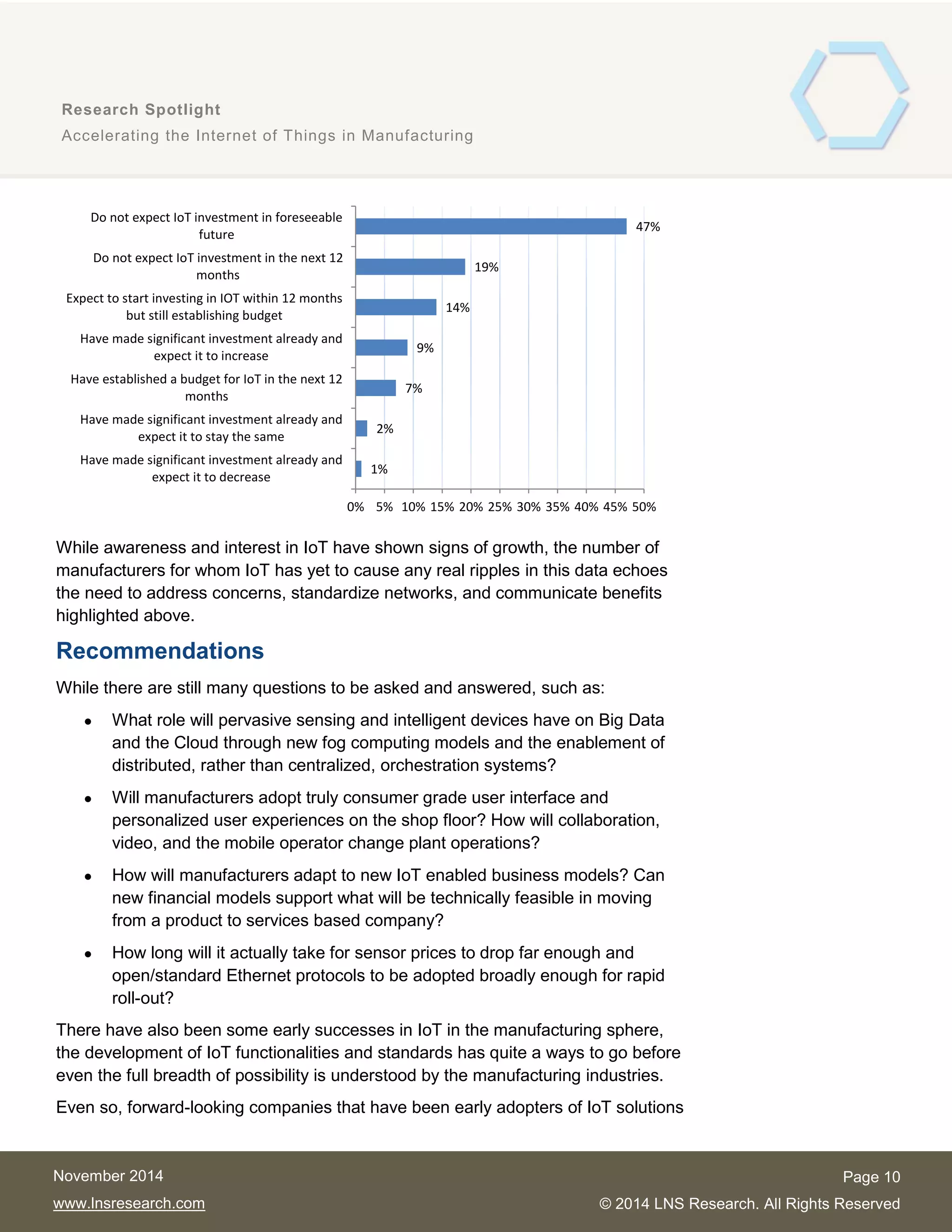 10
Research Spotlight
Accelerating the Internet of Things in Manufacturing
Page 10
© 2014 LNS Research. All Rights Reserved
November 2014
www.lnsresearch.com
While awareness and interest in IoT have shown signs of growth, the number of
manufacturers for whom IoT has yet to cause any real ripples in this data echoes
the need to address concerns, standardize networks, and communicate benefits
highlighted above.
Recommendations
While there are still many questions to be asked and answered, such as:
 What role will pervasive sensing and intelligent devices have on Big Data
and the Cloud through new fog computing models and the enablement of
distributed, rather than centralized, orchestration systems?
 Will manufacturers adopt truly consumer grade user interface and
personalized user experiences on the shop floor? How will collaboration,
video, and the mobile operator change plant operations?
 How will manufacturers adapt to new IoT enabled business models? Can
new financial models support what will be technically feasible in moving
from a product to services based company?
 How long will it actually take for sensor prices to drop far enough and
open/standard Ethernet protocols to be adopted broadly enough for rapid
roll-out?
There have also been some early successes in IoT in the manufacturing sphere,
the development of IoT functionalities and standards has quite a ways to go before
even the full breadth of possibility is understood by the manufacturing industries.
Even so, forward-looking companies that have been early adopters of IoT solutions
1%
2%
7%
9%
14%
19%
47%
0% 5% 10% 15% 20% 25% 30% 35% 40% 45% 50%
Have made significant investment already and
expect it to decrease
Have made significant investment already and
expect it to stay the same
Have established a budget for IoT in the next 12
months
Have made significant investment already and
expect it to increase
Expect to start investing in IOT within 12 months
but still establishing budget
Do not expect IoT investment in the next 12
months
Do not expect IoT investment in foreseeable
future
 