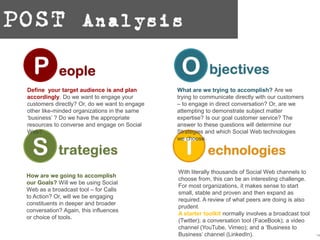 Social Web – Post
analysis

 Define your target audience is and plan        What are we trying to accomplish? Are we
 accordingly. Do we want to engage your         trying to communicate directly with our customers
 customers directly? Or, do we want to engage   – to engage in direct conversation? Or, are we
 other like-minded organizations in the same    attempting to demonstrate subject matter
 ‘business’ ? Do we have the appropriate        expertise? Is our goal customer service? The
 resources to converse and engage on Social     answer to these questions will determine our
 Web?                                           Strategies and which Social Web technologies
                                                we choose.




                                                With literally thousands of Social Web channels to
 How are we going to accomplish
                                                choose from, this can be an interesting challenge.
 our Goals? Will we be using Social
                                                For most organizations, it makes sense to start
 Web as a broadcast tool – for Calls
                                                small, stable and proven and then expand as
 to Action? Or, will we be engaging
                                                required. A review of what peers are doing is also
 constituents in deeper and broader
                                                prudent.
 conversation? Again, this influences
                                                A starter toolkit normally involves a broadcast tool
 or choice of tools.
                                                (Twitter); a conversation tool (FaceBook); a video
                                                channel (YouTube, Vimeo); and a ‘Business to
     © 2011
                                                Business’ channel (LinkedIn).                          14
 