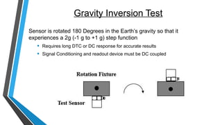 Gravity Inversion Test
Sensor is rotated 180 Degrees in the Earth’s gravity so that it
experiences a 2g (-1 g to +1 g) step function
• Requires long DTC or DC response for accurate results
• Signal Conditioning and readout device must be DC coupled
 