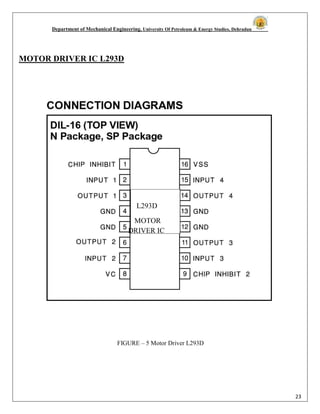 Department of Mechanical Engineering, University Of Petroleum & Energy Studies, Dehradun
23
MOTOR DRIVER IC L293D
L293D
MOTOR
DRIVER IC
FIGURE – 5 Motor Driver L293D
 