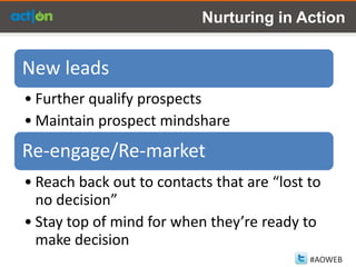 Nurturing in Action


New leads
• Further qualify prospects
• Maintain prospect mindshare
Re-engage/Re-market
• Reach back out to contacts that are “lost to
  no decision”
• Stay top of mind for when they’re ready to
  make decision
                                            #AOWEB
 