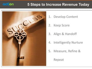5 Steps to Increase Revenue Today


           1. Develop Content

           2. Keep Score

           3. Align & Handoff

           4. Intelligently Nurture

           5. Measure, Refine &

              Repeat
 